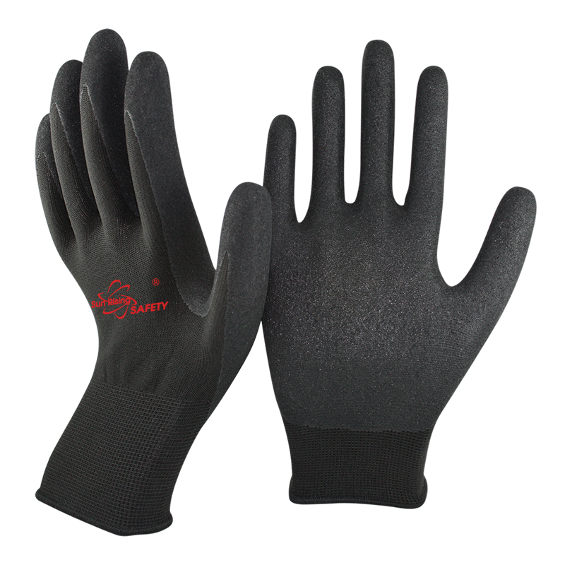 SRSafety black-nylon-sandy-nitrile-dipping-on-palm-gloves