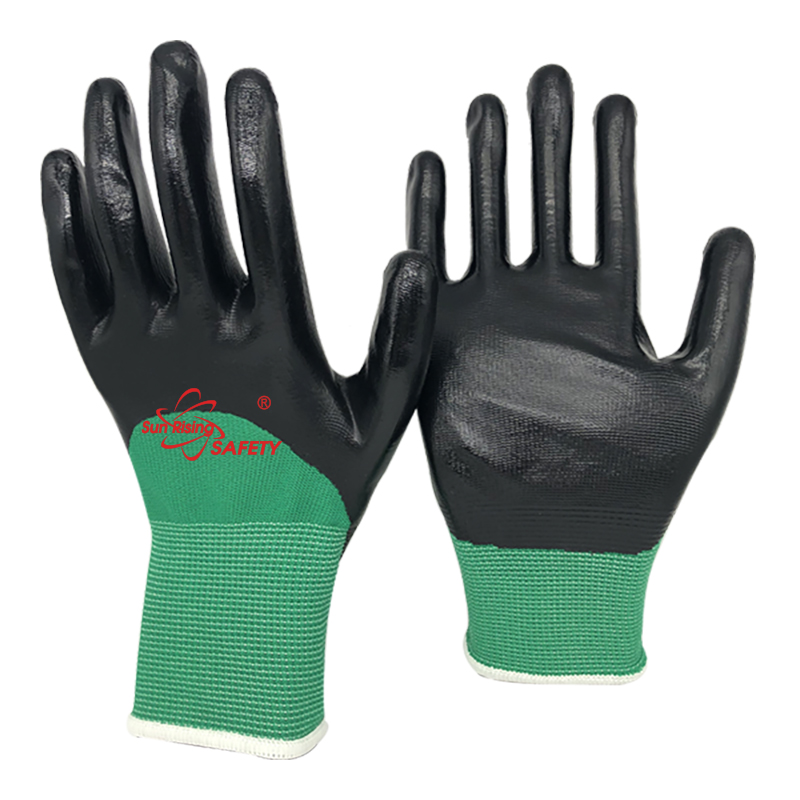 SRSafety green-nylon-smooth-nitrile-half-coated-glove