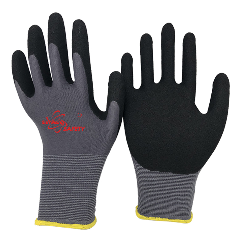 SRSafety grey-nylon-sandy-nitrile-dipping-on-palm-gloves