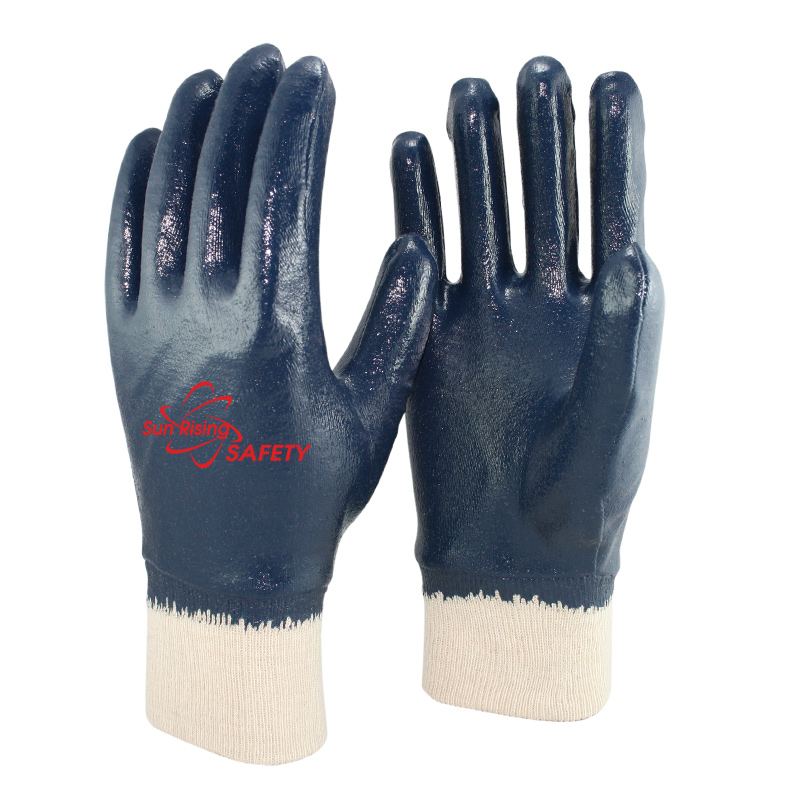SRSafety cotton interlock liner blue nitrile full dipping glove with knitted cuff