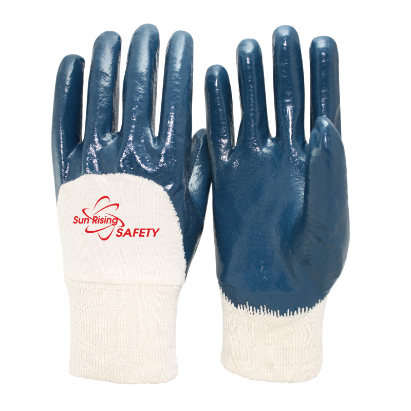 SRSafety cotton interlock liner blue nitrile half dipping glove