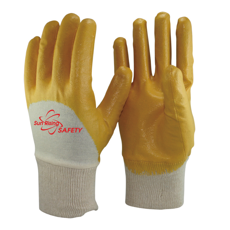SRSafety cotton interlock liner yellow nitrile half dipping glove