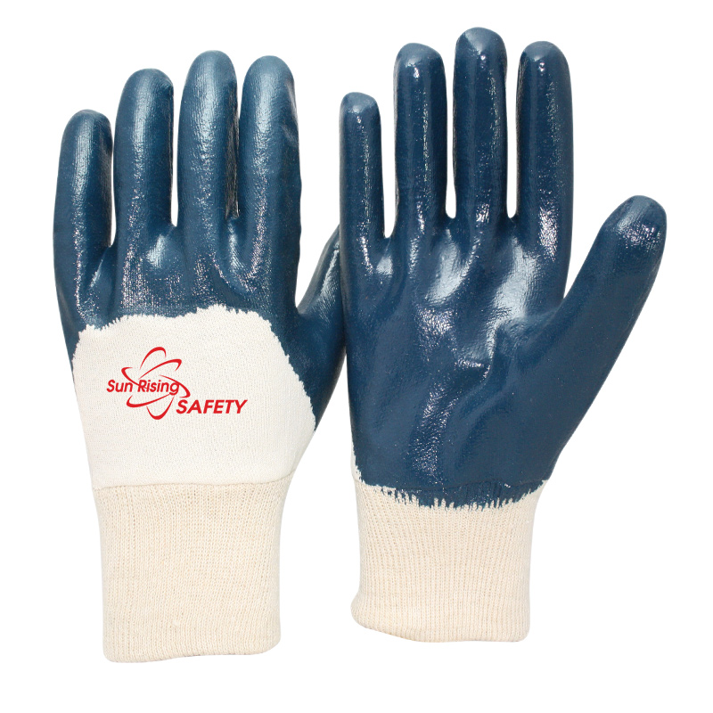 SRSafety cotton jersey liner blue half dipping glove with knitted cuff