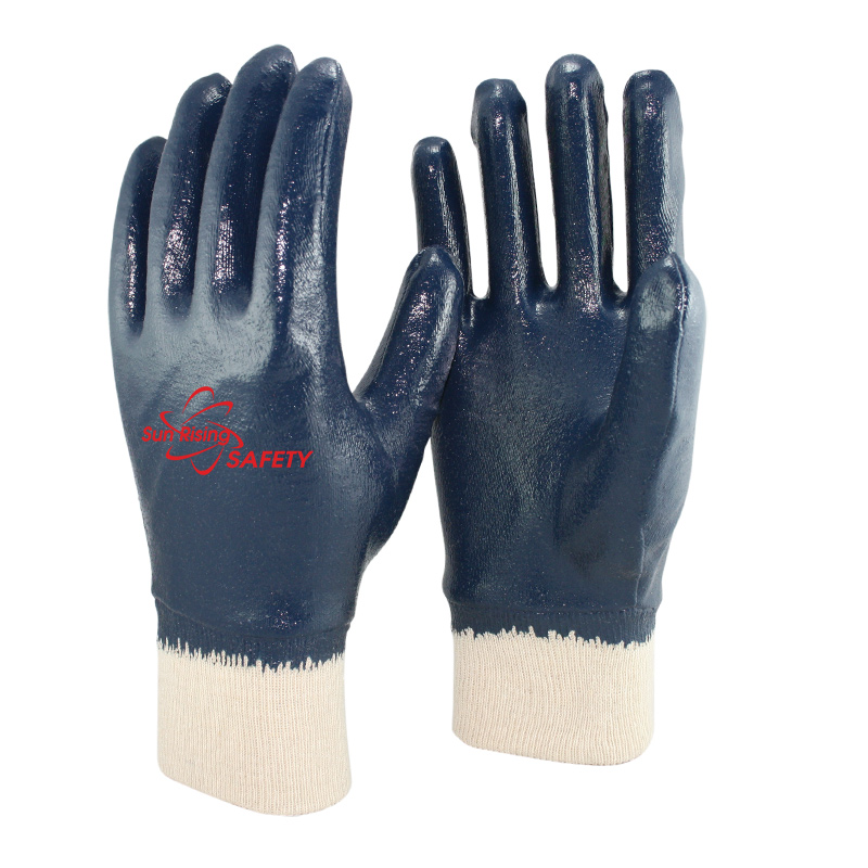 SRSafety cotton jersey liner blue nitrile full dipping glove with knitted cuff