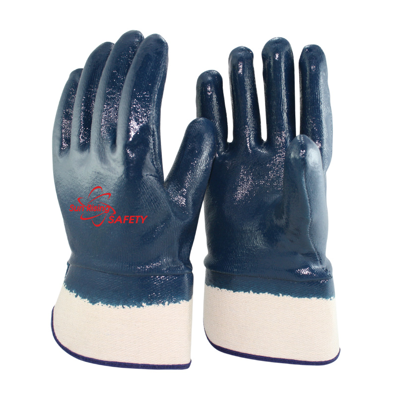 SRSafety cotton jersey liner blue nitrile full dipping glove with safety cuff