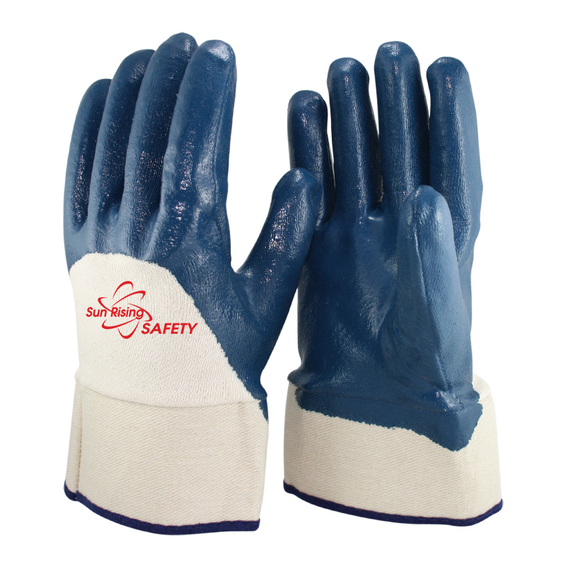 SRSafety cotton jersey liner blue nitrile half dipping glove with safety cuff