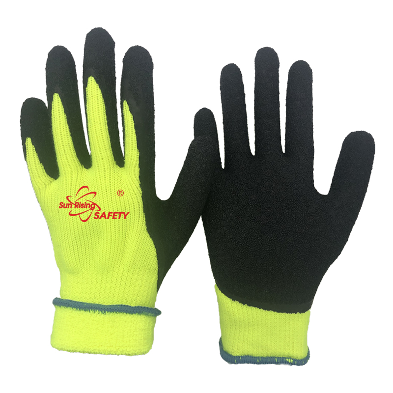 SRSafety yellow-thermal-terry-acrylic-liner-crinkle-latex-dipping-on-palm-glove
