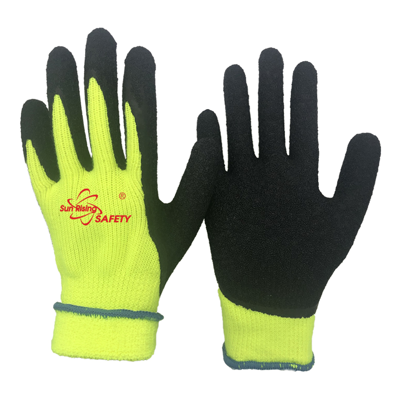SRSafety yellow-thermal-terry-acrylic-liner-crinkle-latex-dipping-on-palm-glove