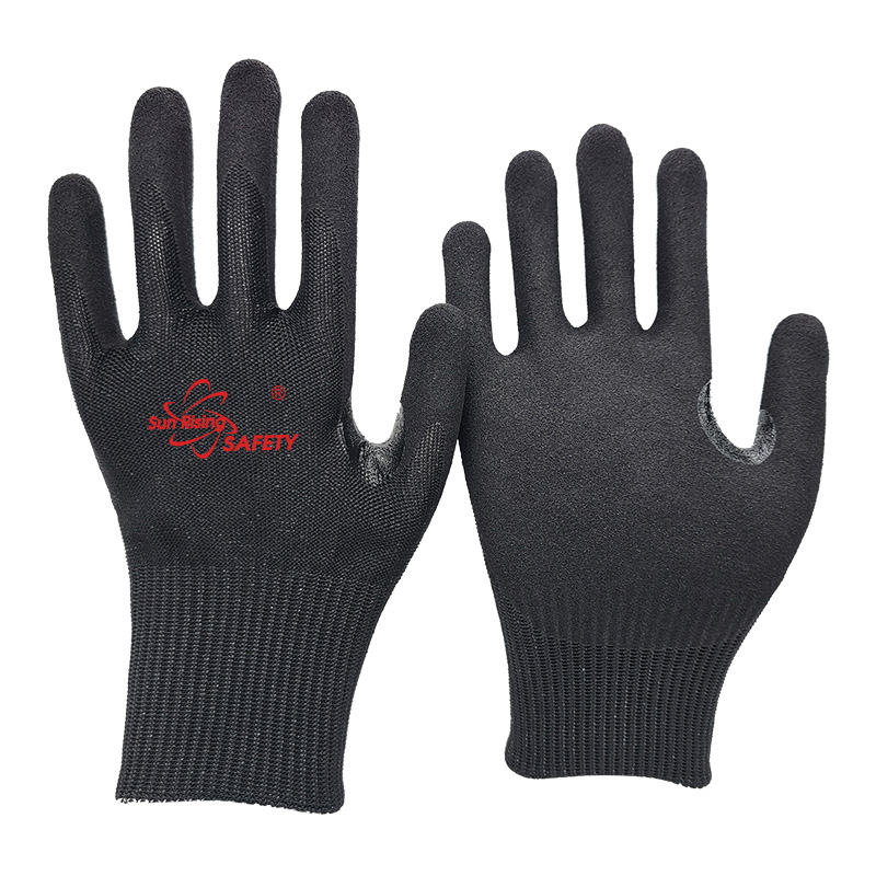 SRSafety-black-cut-A6-F-sandy-nitrile-coated-gloves[DY1350F-H6]