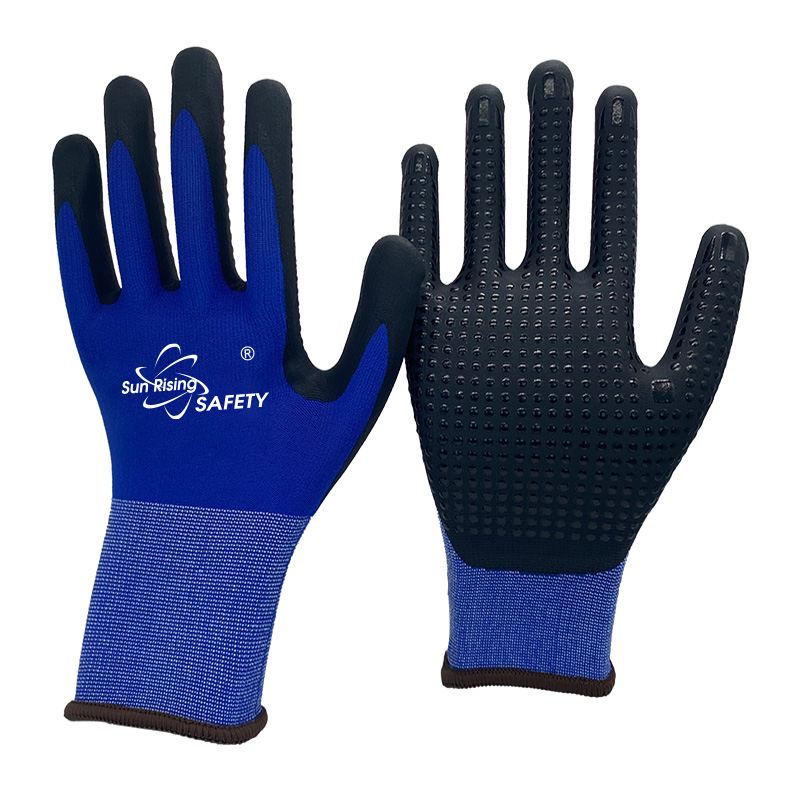 SRSafety-blue-nylon-and-spandex-liner-micro-foam-nitrile-palm-coated-with-nitrile-dots-gloves[NY1350FD]