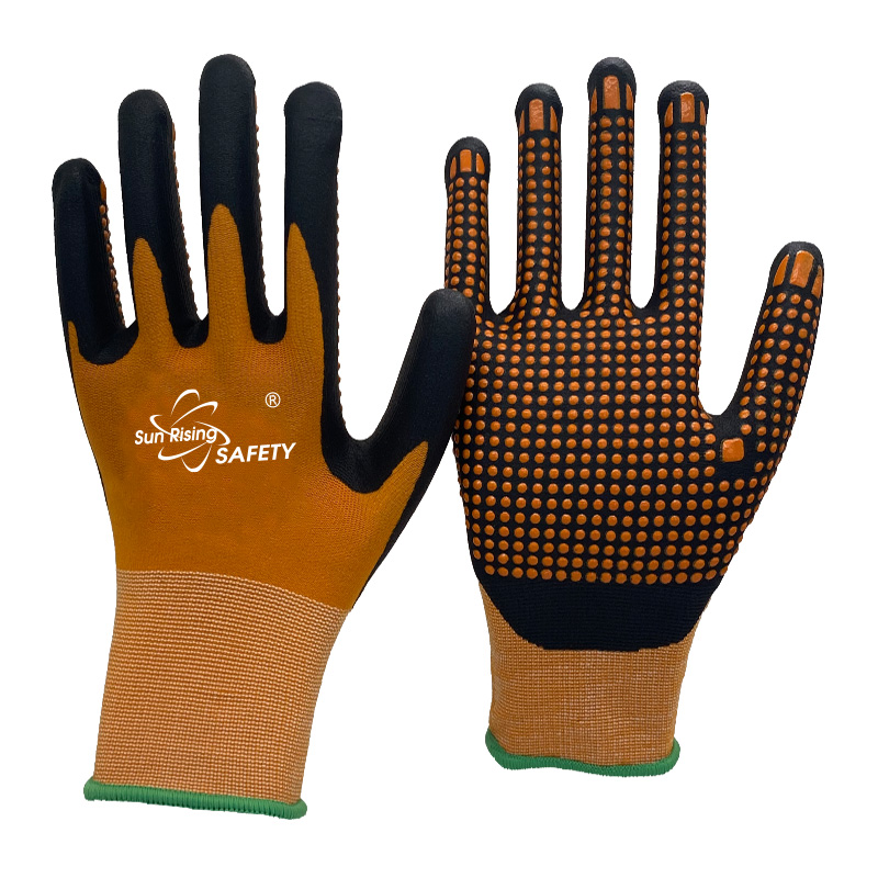 SRSafety-orange-nylon-and-spandex-liner-micro-foam-nitrile-palm-coated-with-nitrile-dots-gloves[NY1350FD]
